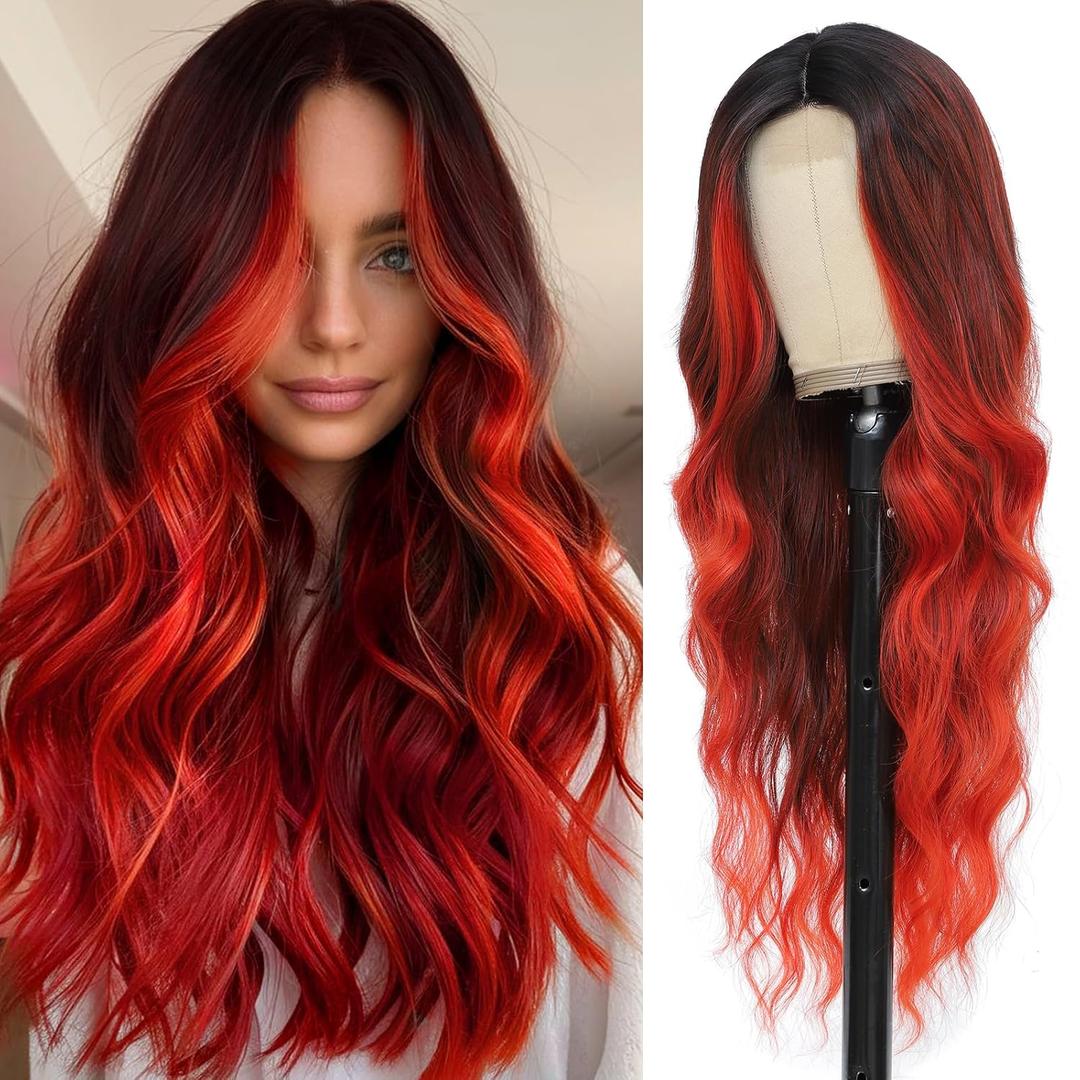 Long Red Wavy Wig for Women 26 Inch Ombre Red Middle Part Curly Synthetic Hair Wig Natural Look Heat Resistant Fiber for Daily Party Use