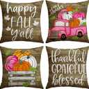2 x Artscope Fall Decorative Throw Pillow Covers 16x16 Inch Set of 4, Happy Fall Pumpkin Truck Thankful Grateful Blessed Outdoor Farmhouse Pillow Cases for Home Sofa Couch-Pink Brown