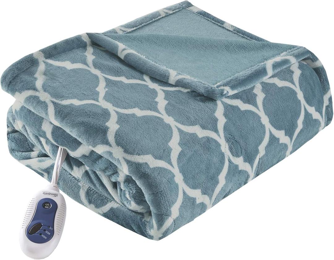 Beautyrest Ogee Printed Plush Electric Blanket for Cold Weather, Fast Heating, Auto Shut Off, Virtually Zero EMF, Multi Heat Setting, UL Certified, Machine Washable, Teal Oversized Throw 60x70