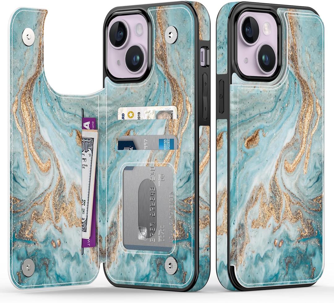 Goodon for iPhone 13 Case Wallet - Flip Folio Leather Cover with Trendy Floral Design, 3 Card Slots & Kickstand Function, Stylish Protective Phone Case for Women and Girls - Teal Gold Marble