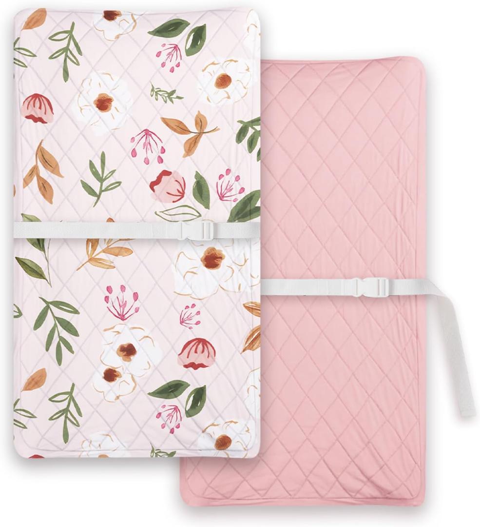 Light Quilted Changing Pad Cover 2 Pack, Soft Fitted Changing Table Covers for Baby Boys and Girls, Pink Floral