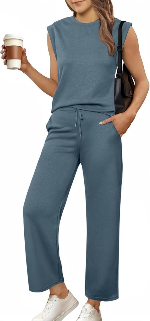 Glamaker Women's 2 Piece Sets Summer Lounge Travel Outfits Sleeveless Wide Leg Airport Casual Trendy Sweatsuits (Large, Blue Grey)