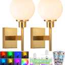 Battery Operated RGB Color Changing Rechargeable Wall Sconce Set of 2, Glass Globe, Up to 50 Hours Use, No Wiring for Bedroom Living Room (Color : Brass)