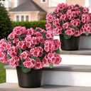 2 Pack Artificial Geranium Flowers Topitary Trees for Outdoors, UV Resistant Geraniums Potted Bushes Look Real Silk Faux Plants for Front Door Garden Porch Planter Farmhouse Home Decor (Peach Red)