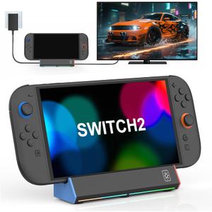 Switch 2 Dock Station for Nintendo Switch 2, Portable TV Docking Replacement Base Stand with 4K HDMI/Type C Port/3.0 USB Port/RGB Led Light for Official Nintendo Switch-2