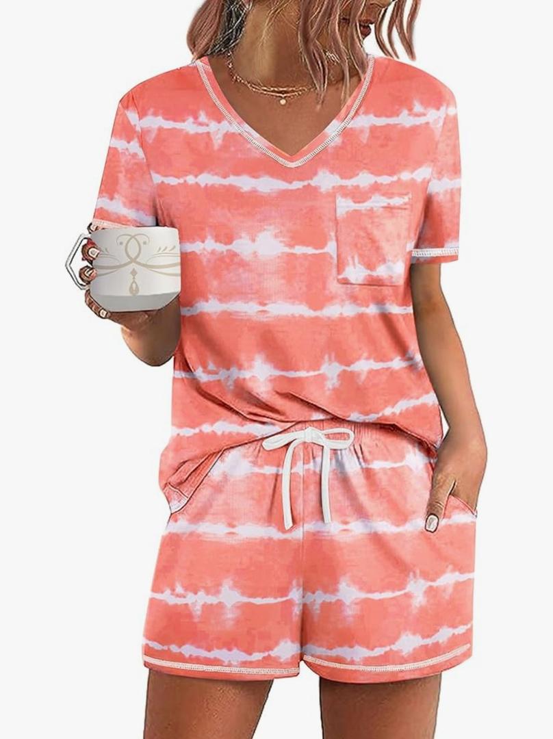 Ekouaer Women's Pajamas Sets Short Sleeve Lounge Sets Sleepwear Casual Two Piece Pjs With Pockets L, Wave