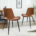 CangLong Brown Dining Chairs Set of 2 with Faux Leather Cushion Seat, Upholstered Armless Accent Chairs with Comfy Back and Sturdy Black Metal Legs for Living, Restaurant & Meeting Room, Brown (Brown 1)
