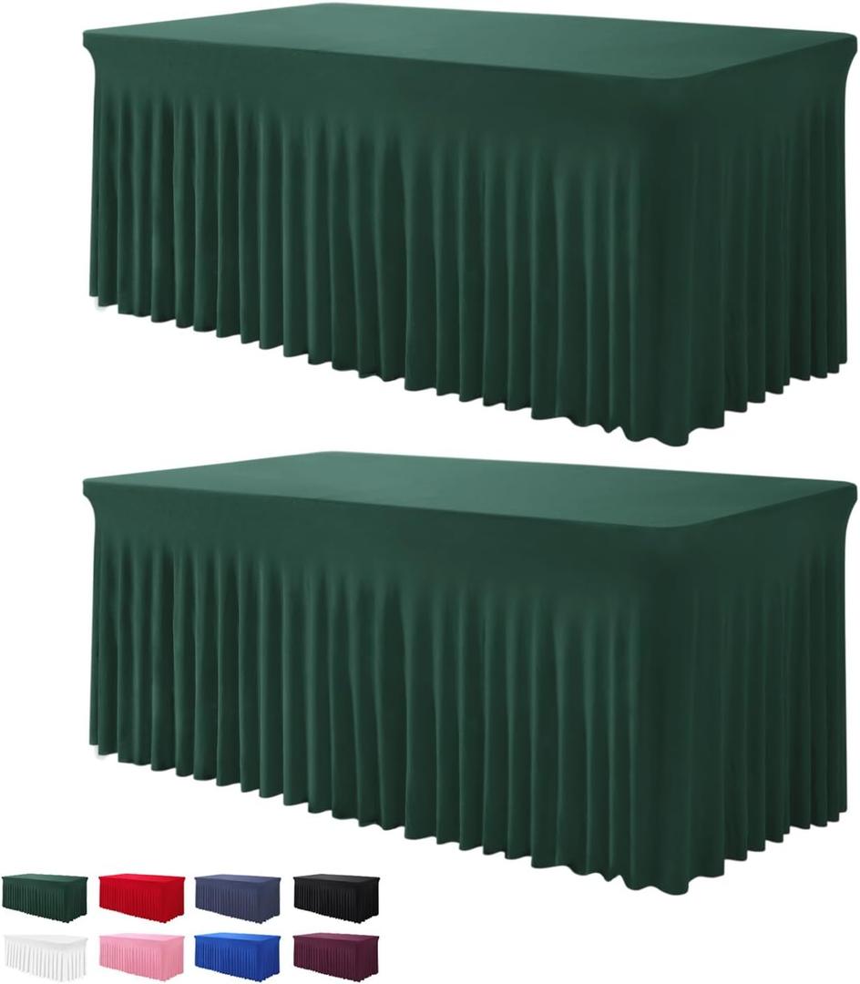 Table Skirt for 4 Foot Tables - 2 Pack One-Piece Hunter Green Tablecloths and Skirt, Wrinkle Resistant Ruffles Elastic Cover for Banquets, Weddings, Events, Parties (48" x 30" (Rectangular) 2Pack)