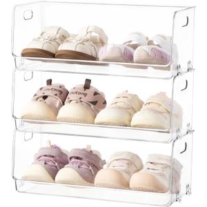 HBlife Clear Acrylic Kids Shoe Rack Baby Toddler Shoe Storage Organizer for Closet Floor Entryway Bedroom, 3 Tier Stackable Small Shoe Rack Shelf Display Stand