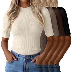 Huukeay 4 Pack 1/ 2 Half Sleeve Mock Turtleneck Tops for Women, Ribbed Knit Fitted T-Shirts Mock Neck Business Casual Slim Tee(Medium, Black, Cream, Brown, Dark Brown)