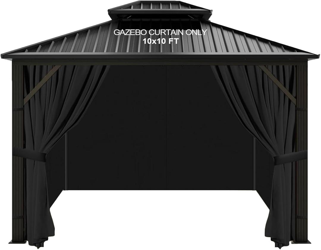 Slashome 10'x10' Gazebo Curtains Outdoor Waterproof, Black Universal Replacement Curtain 4-Panels, Sidewalls with Zipper for Garden, Patio, Yard (Only Curtains)