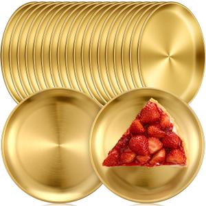 20 Pcs 6.5 Inch Gold Stainless Steel Serving Plates, Round Decorative Dinner Trays for BBQ Party Dessert Snack Food Serving, Dishwasher Safe