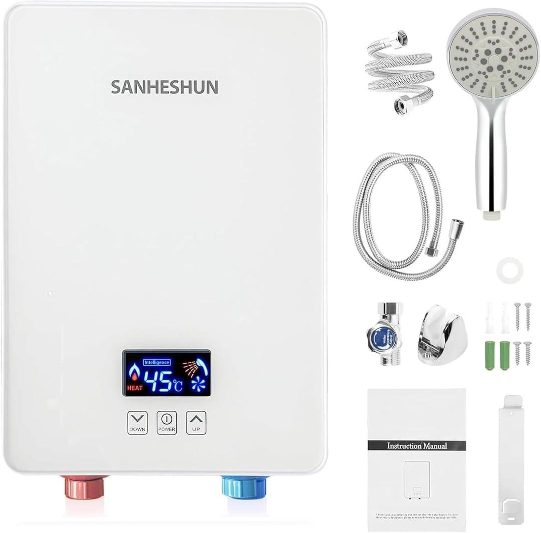 Electric Tankless Water Heater, 6000W 220V Instant Hot Water Heater with Handheld Shower Head and Hose Set, LED Touch Screen Switch Adjustable Temperature for Bathroom Kitchen - White