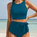 Aqua Eve Women High Waisted Bikini Set Racerback Swimsuit Two Piece Bathing Suit High Neck Swimwear (Blue, M)