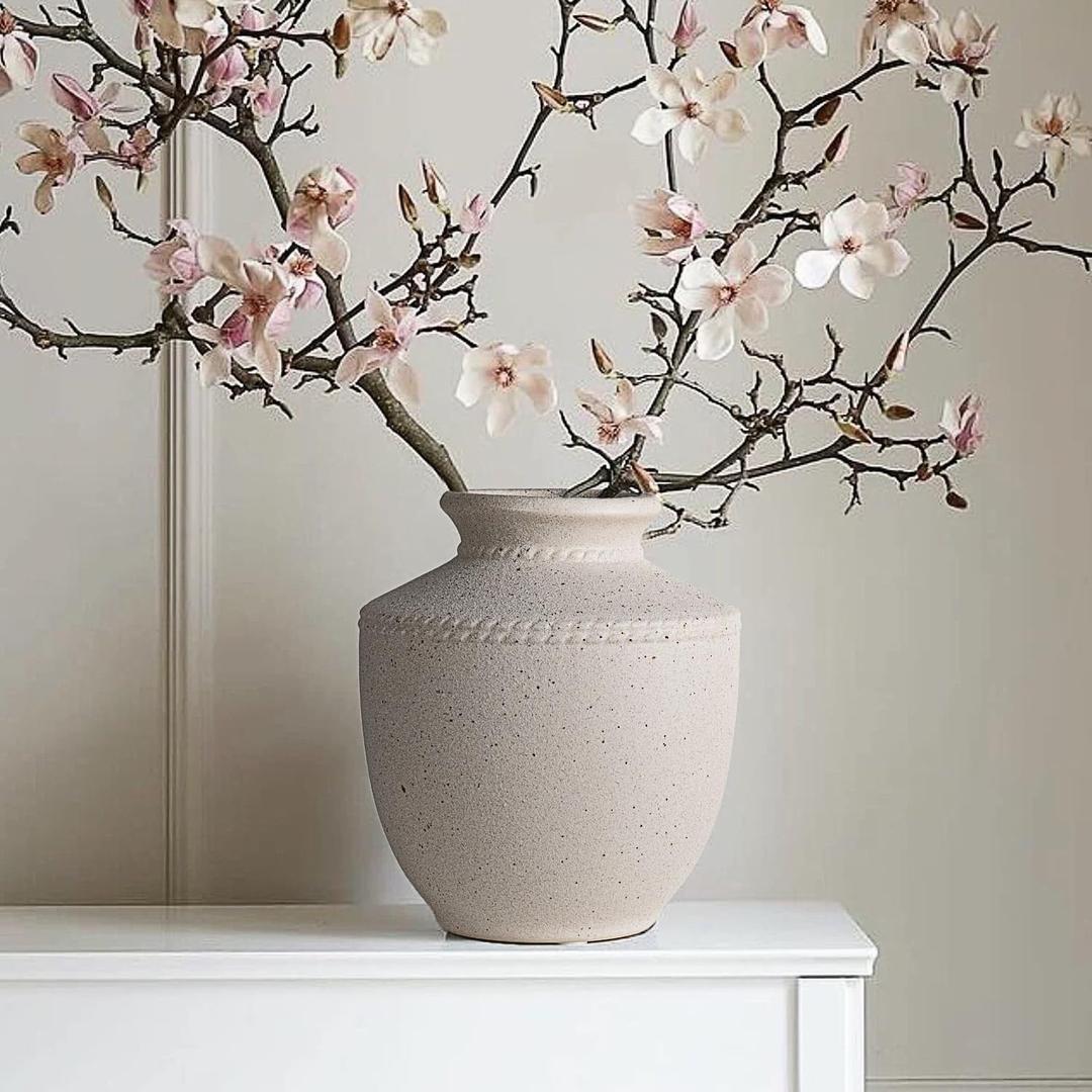 Farmhouse Ceramic Vase for Living Room Bedroom Antique White 7.45'' Flower Bouquet Vase for Fake Plant Home Decor Office Fireplace Centerpieces Rustic Retro Vintage Modern Gift Decoration