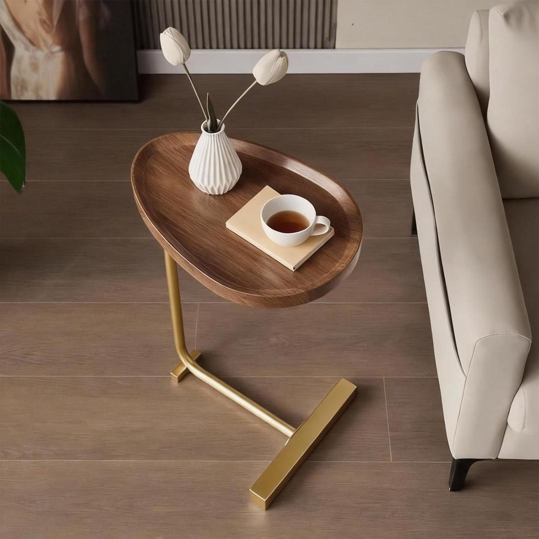 Small Side End Table New C Table Narrow Round Bed Sofa Couch Coffee Dinner Table for Snack Drink TV Tray, Slim Gold Rustic End Table Modern Simplicity, Metal and Wood - 24 Inch