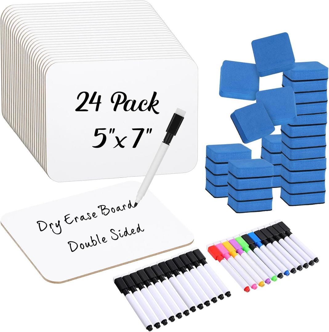 24 Sets Small Whiteboard Dry Erase Boards 5" x7'' Mini Double Sided Dry Erase Lap Boards with Markers Erasers Pen Holders Personal Whiteboards for Students Classroom Teacher