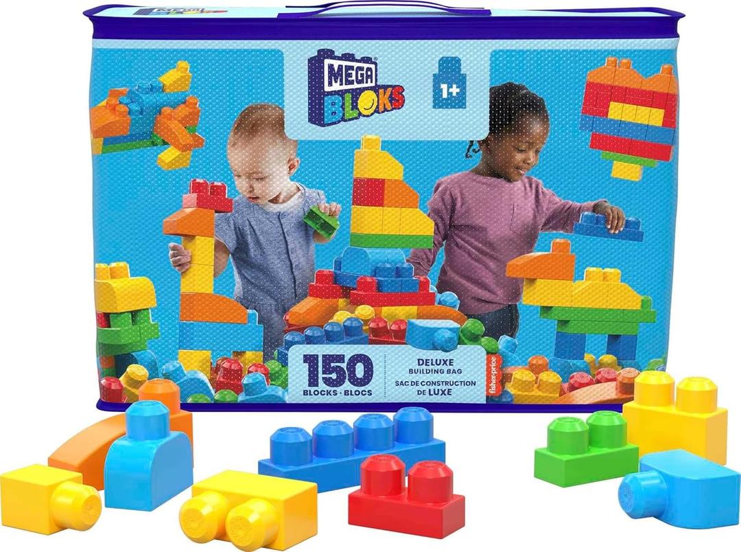 MEGA BLOKS First Builders Toddler Blocks Toys Set, Deluxe Building Bag with 150 Pieces and Storage, Creative Open-Ended Play, Blue, Ages 1+ Years