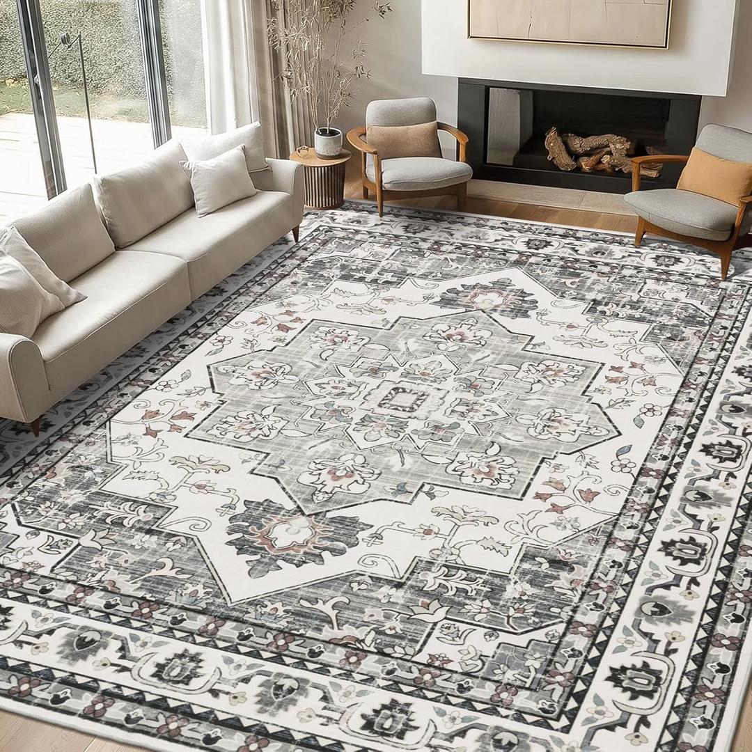 Findosom 8x10 Area Rugs for Living Room, Non-Slip Soft Washable Rug with Vintage Medallion Pattern, Low Pile Faux Wool Large Boho Rugs for Bedroom, Ding Room, Entryway and Home Decor, Grey Green