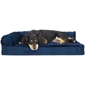 Furhaven Orthopedic Dog Bed for Medium/Small Dogs w/ Removable Bolsters & Washable Cover, For Dogs Up to 35 lbs - Plush & Velvet L Shaped Chaise - Deep Sapphire, Medium