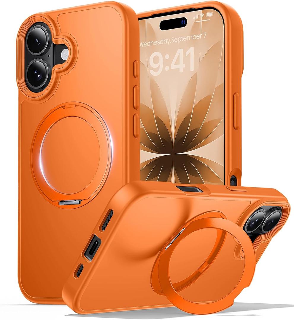 for iPhone 17 Case with Stand Orange, Fits MagSafe Ring, Military-Grade Drop Protection, Build in Kickstand,Slim Matte Finish Shockproof Phone Cover 6.3"