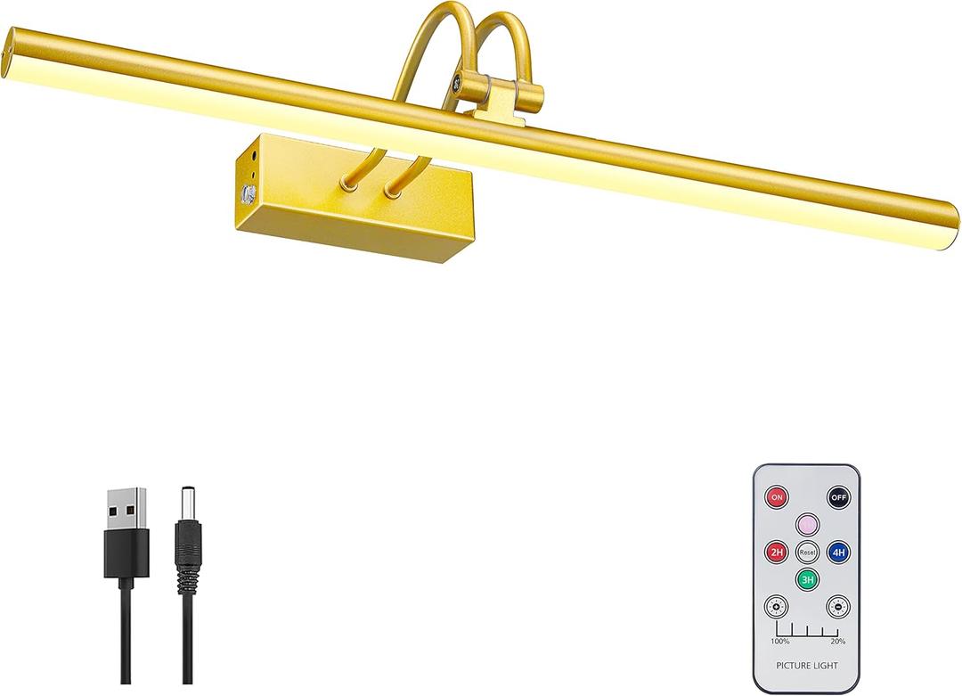 Picture Light, 16in Wireless Battery Wall Lighting, Remote Art Lights for Paintings with Timer and Dimmable for Display Photo, Frame, Portrait, Dartboard-Spray Painted Gold