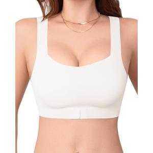 Derisaly Womens Seamless Bra Wireless Pullover Push Up Bras Front Closure Supportive Vest Bralette Full Coverage Tshirt Bra (White, L) (White, L)