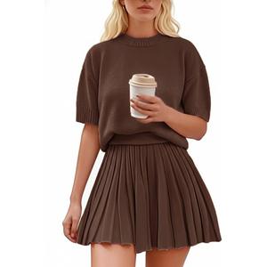 Womens 2 Piece Outfits 2026 Short Sleeve Crewneck Knit Tops And Pleated Mini Skirt Two Piece Sets (Brown, M)
