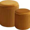 Round Set of 2 Ottoman with Storage-Upholstered Velvet Vanity Stool for Makeup Multifunctional Ottomans Coffee Table Padded Seat Foot Rest for Living Room&Bedroom (Yellow)