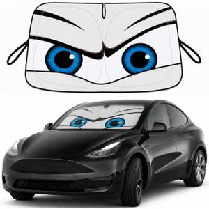 Tesla Model Y/3 Windshield Sun Shade, Cool Gray | Custom Fit 2017-2026 Model Y and Model 3, Foldable Front Window Sunshade, Heat & UV Blocker, Cute Eyes Series