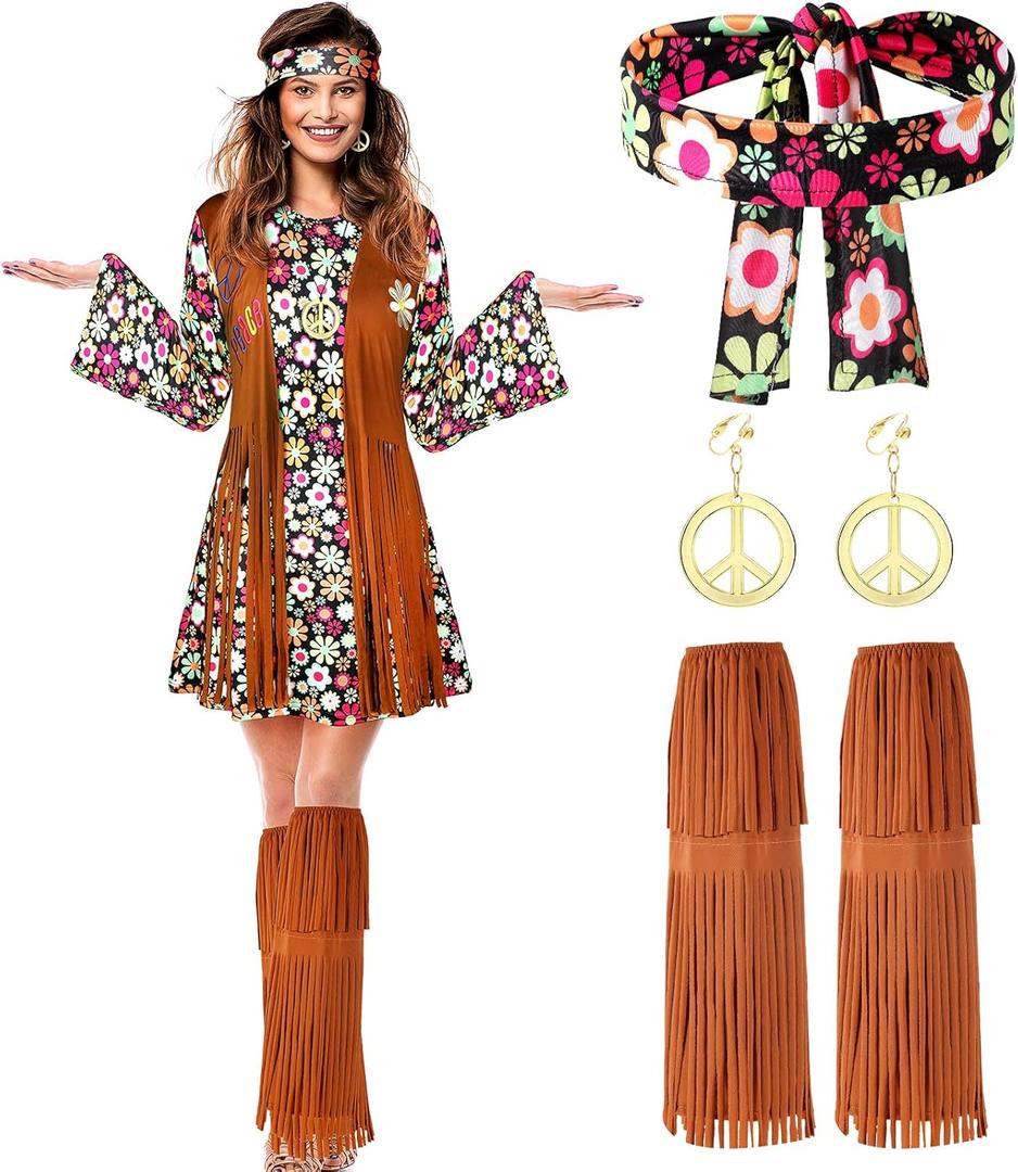 SATINIOR 70s 60s Hippie Costume Set 70s Outfits Accessories for Carnival Party Halloween Women Disco Dress (Adult Size (large))