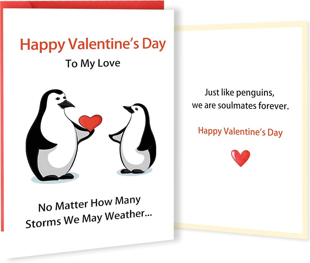 3 x Funny Penguin Valentines Day Cards for Him Her, Sweet Valentines Day Card for Wife Husband, Love Card for Boyfriend Girlfriend