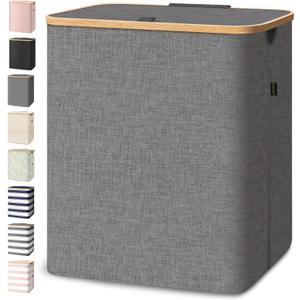 BALEINE Laundry Hamper with Lid, Tall Laundry Baskets with Bamboo Pull Handles, Large Laundry Bin with Internal Support (36 Gal/140L, Grey)
