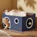 Bedsure Large Cat Beds for Indoor Cats - Extra Wide Cat Cube House for Small Pet with Fluffy Ball Hanging and Scratch Pad, Foldable Pet Cave Hideaway for Multiple Cats, 23.6x16.9x13 inches, Blue