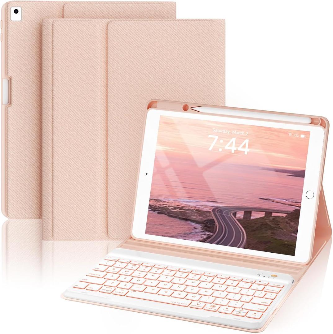 OYEEICE for iPad 9th Generation Case with Keyboard 10.2'' - 7 Color Backlit Wireless Keyboard Cover with Pencil Holder for iPad 9th/8th/7th Gen 10.2 inch, iPad Air 3rd Gen & iPad Pro 10.5" - Pink (Classic Style A)