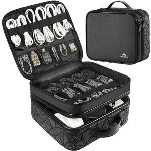 MATEIN Cable Organizer Bag, Waterproof Travel Electronic Storage with Adjustable Divider, Shockproof Portable Double Layer Tech Bag Carrying Case for Cord, Earbuds, Charger, SD Card, DJ Gifts, Black (Medium)