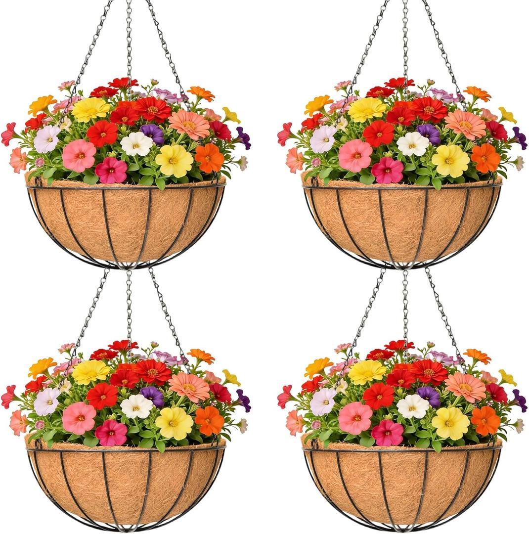 4 Pack 16 Inch Metal Hanging Planter BasketNatural Round Coconut Hanging Plant Flower PotCoconut Coir Planter for Hanging Basket Flowers/Vegetables Home Garden Patio Decoration Watermelon