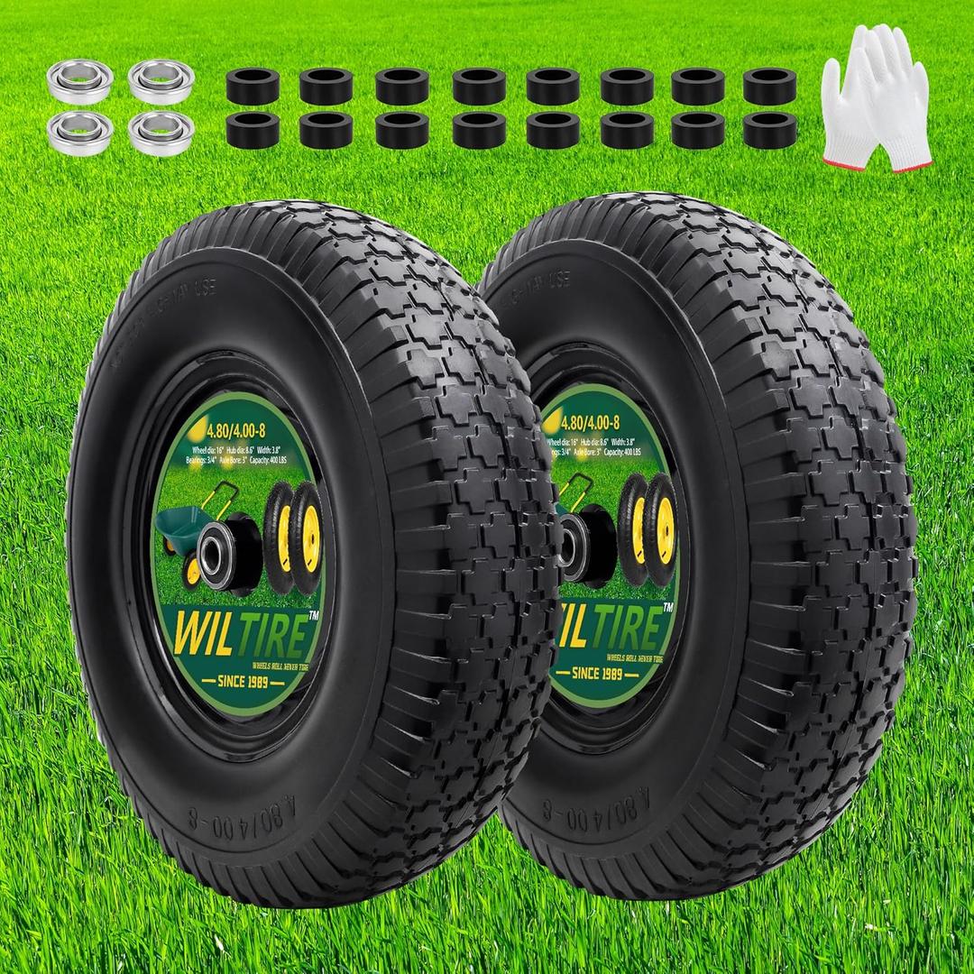 (2 Pack) 4.80/4.00-8" Tire and Wheel, 16 inch Solid Wheel with 5/8" Extra 3/4" Bearings,3" Centered Hub with, Replacement Tube for Wheelbarrows, Garden, Utility Carts,Trolleys(Black)
