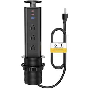Kungfuking Pop Up Outlet for Countertop, Socket with 3 AC Outlets & 2 PD 20W USB-C & 1 USB-APorts, Pull Power Kitchen Conference Office, 3-3/8 Inch(85MM) Hole Grommet Strip, Dark Black