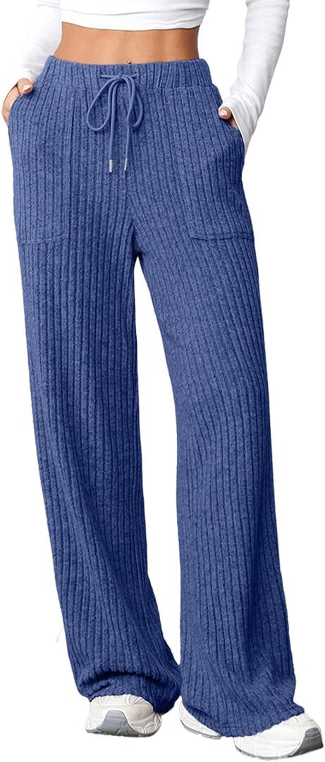 Aleumdr Womens Ribbed Wide Leg Lounge Pants with Pockets Casual Relaxed Comfy Loose Soft Knit Pajama Pants with Drawstring (A5 Blue), XL