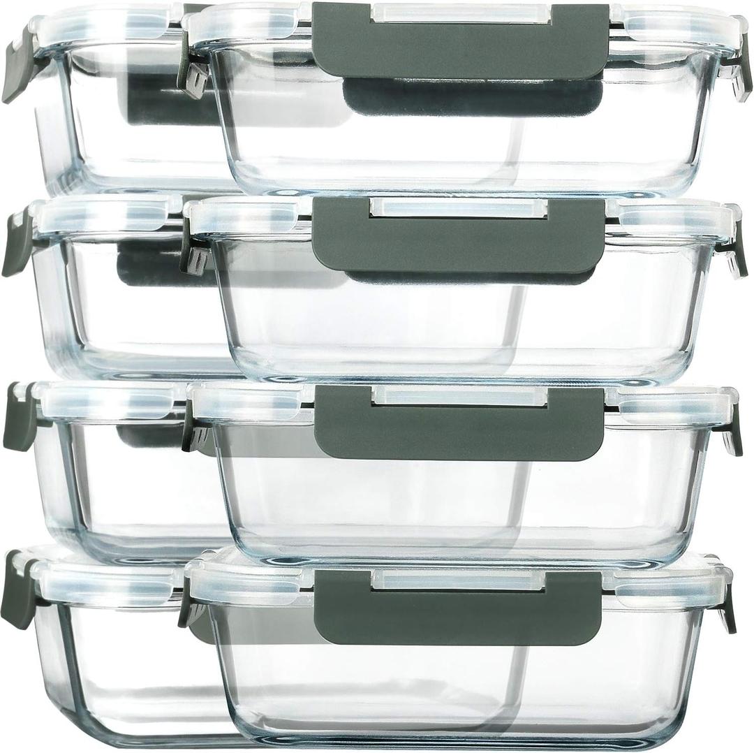 [8-Pack,30 oz]Glass Meal Prep Containers,Glass Food Storage Containers,Airtight lunch Containers with Lids, Microwave, Oven, Freezer and Dishwasher (Gray)