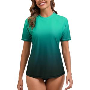 Halcurt Women's Short Sleeve Rash Guard Swimsuit Top with Built in Bra Swim Shirt UPF50+ Quick Dry Bathing Suit (XX-Large, Ombre Green)