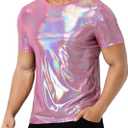 Casey Kevin Mens Metallic T-Shirts Shiny Shirt for Mens 70s Disco Outfits for Mens Holographic Short Sleeve Tops Pink XXL