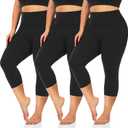 3 Pack Women's Plus Size Capri Leggings High Waist Tummy Control, Stretchy Yoga Workout Pants (4X) - Spandex Elastic Fit (Black)