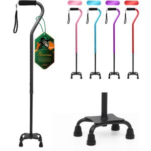 BeneCane Quad Cane Adjustable Walking Cane with Offset Soft Cushioned Handle for Men & Women Lightweight Comfortable with 4-Pronged feet for Extra Stability (black)