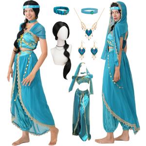 Akokvlar 8pcs Arabian Princess Costume for Women Adult Dress with Accessories Wig (Large, Blue)