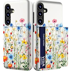 Compatible with Samsung Galaxy S24 Plus & S25 Plus Case Cute with Card Holder/Slim Slot Wallet Phone Cover for Women for S24+ & S25+ / Buds Flowers Lovely Buds Florals Grass Art Beautiful