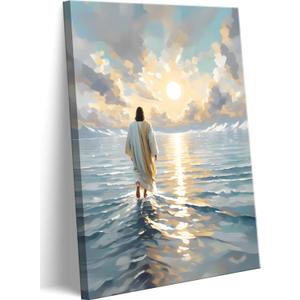 Jesus Walking On Water Canvas Wall Art Christian God Wall Decor Picture Religious Spirit Faith Poster Print for Living room Bedroom Church Decoration, 12x16in