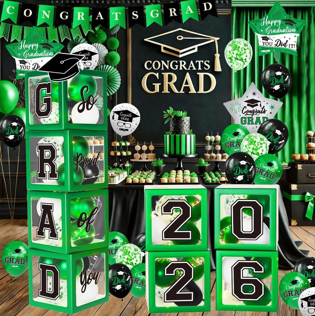 Graduation Decorations Class of 2026 - Green Graduation Decorations - Balloons Boxes with Letters 2026 GRAD So Proud of You, Congrats Grad Party Decorations for Any Grades