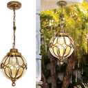 Outdoor Pendant Light Fixtures For Porch, Waterproof Exterior Lantern Glass Vintage Hanging Ceiling Light Retro Aluminum Outside Chandelier For Porch Patio Entryway Farmhouse (27cm/10.6",Gold)